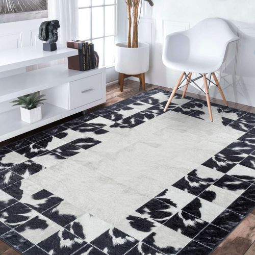 Tapis Grand Salon 200x290 Tissé Noir Et Crème Rectangle Motif Fresque Noatak