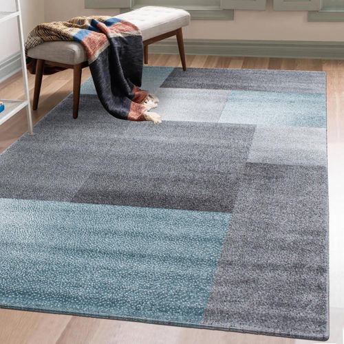 Tapis Salon 140x200 Tissé Bleu Et Gris Rectangle Motif Géométrique Karluk