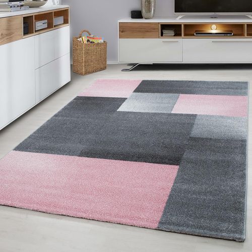 Tapis Salon 200x290 Tissé Rose Et Gris Rectangle Motif Géométrique Karluk