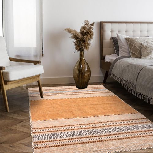 Tapis Kilim 80x150 Rectangle Fait Main En Coton Marron Et Beige