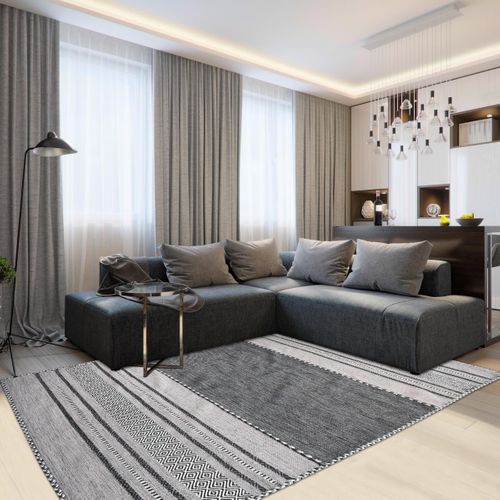 Tapis Kilim 200x290 Rectangle Fait Main En Coton Gris Et Noir Motif Ethnique