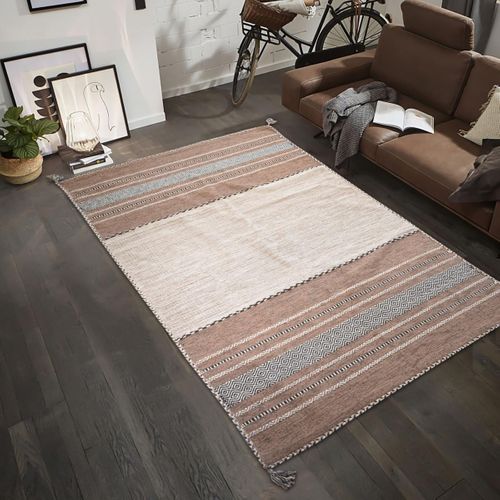 Tapis Kilim 160x230 Rectangle Fait Main En Coton Beige Et Marron