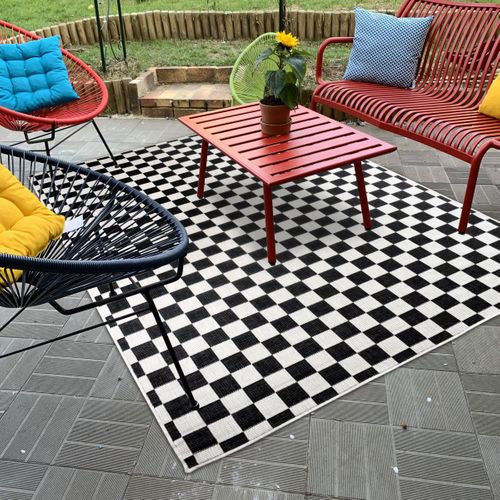 Tapis Extérieur, Kilim Reversible 120x170 Motif Damier à Reversible Noir Et Blanc