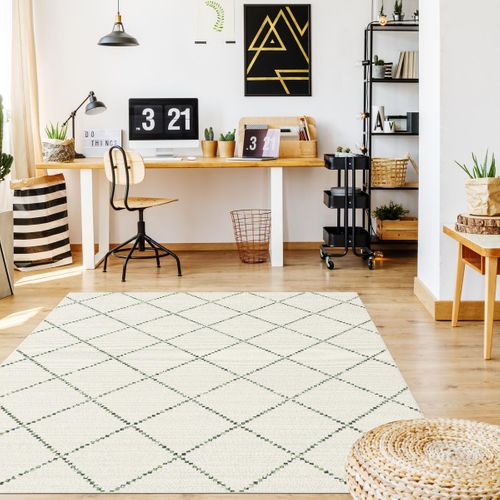 Tapis Extérieur 200x290 Tissé Kilim Crème Et Vert Casada 18