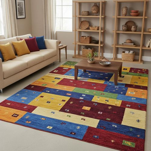 Tapis Salon 160 X 230 Cm, Multicolore Bleu Rouge, Laine Noble, Structure Chaleureuse, Myla