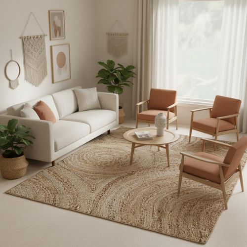 Tapis Salon 200 X 290 Cm, Beige Et Marron, Jute Noble Tissé, Motif Rond, Design Authentique Nibna