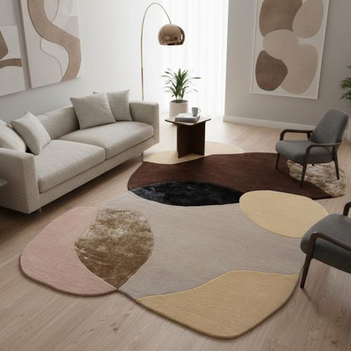 Tapis Salon 200 X 290 Cm, Marron Beige Noir, Forme Originale, Laine Noble Tufté Main
