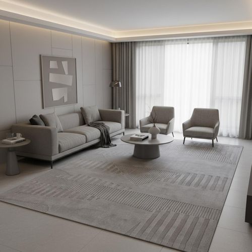 Tapis Salon 200 X 290 Cm Gris, Laine Noble Tufté Main, Azua Confort Authentique