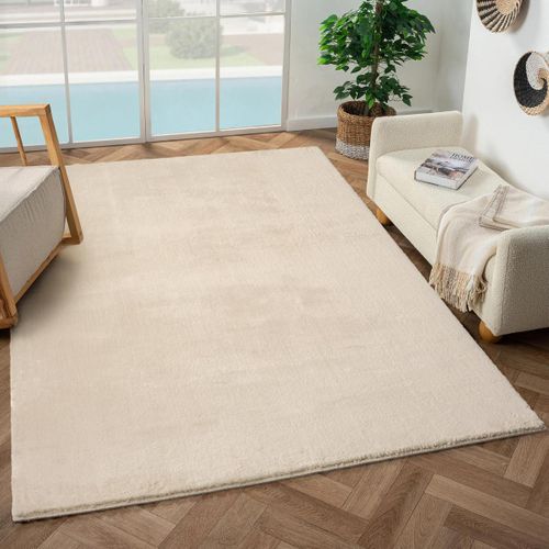 Tapis Chambre Lyn10 Lavable 120x160 Soyeux Et Doux, Tapis Beige Uni à L'aspect Shaggy