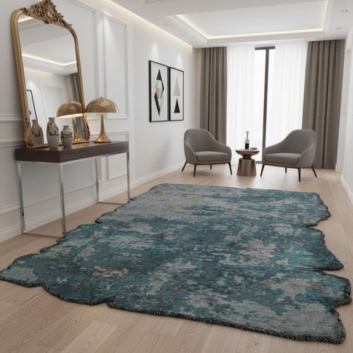 Tapis Salon Kilim En Coton, 200 X 250 Cm, Forme Originale, Bleu, Vert Et Or