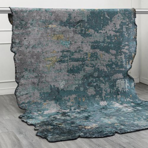 Tapis Salle à Manger Kilim En Coton, 240 X 340 Cm, Forme Originale, Bleu, Vert Et Or