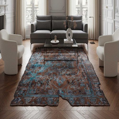 Tapis Salle à Manger Kilim En Coton, 240 X 340 Cm, Forme Originale, Bleu Et Marron