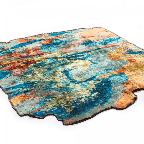 Tapis Salon Kilim En Coton, 200 X 250 Cm, Forme Originale, Bleu Et Orange