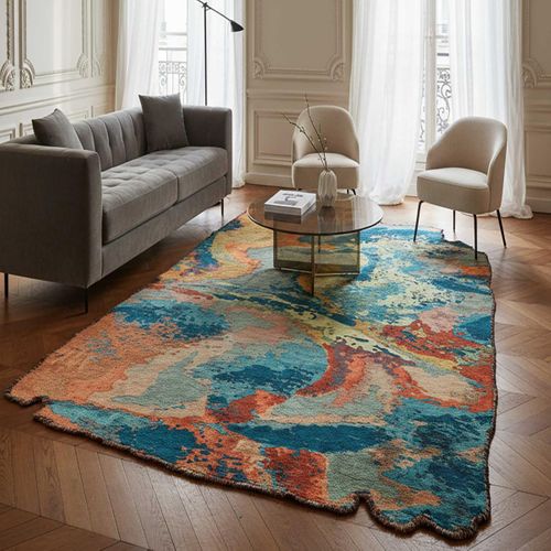 Tapis Grand Salon Kilim En Coton, 240 X 300 Cm, Forme Originale, Bleu Et Orange