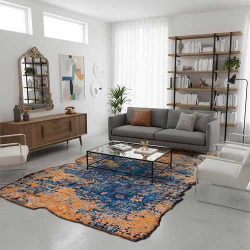 Tapis Chambre Kilim En Coton, 160 X 230 Cm, Forme Originale, Orange Et Bleu