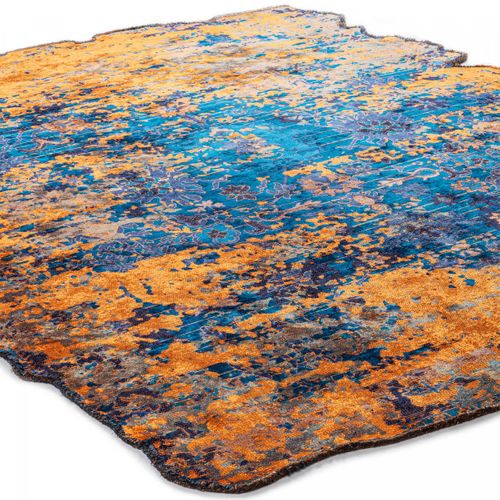 Tapis Salon Kilim En Coton, 200 X 250 Cm, Forme Originale, Orange Et Bleu