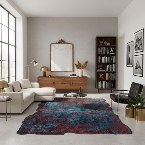 Tapis Salon Kilim En Coton, 200 X 250 Cm, Forme Originale, Bleu Et Rouge