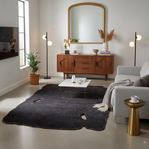 Tapis Grand Salon Kilim En Coton, 240 X 300 Cm, Forme Originale, Noir Et Gris