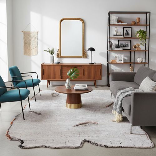 Tapis Chambre Kilim En Coton, 160 X 230 Cm, Forme Originale, Écru Et Gris