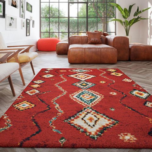 Tapis Shaggy 200x290 Rectangle Tissé Rouge Et Blanc Motif Berbère Amore 4