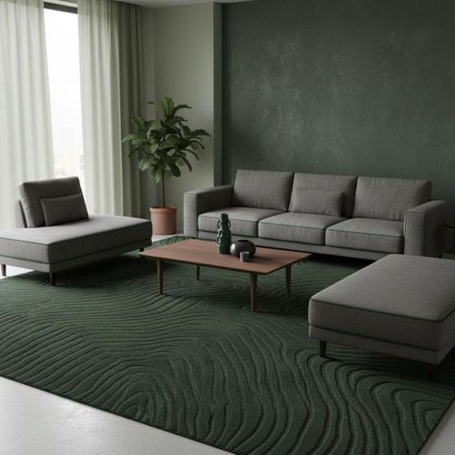 Tapis Chambre, 120 X 170 Cm, Vert, Noir, Laine, Motif Abstrait En Relief, Tufté Main