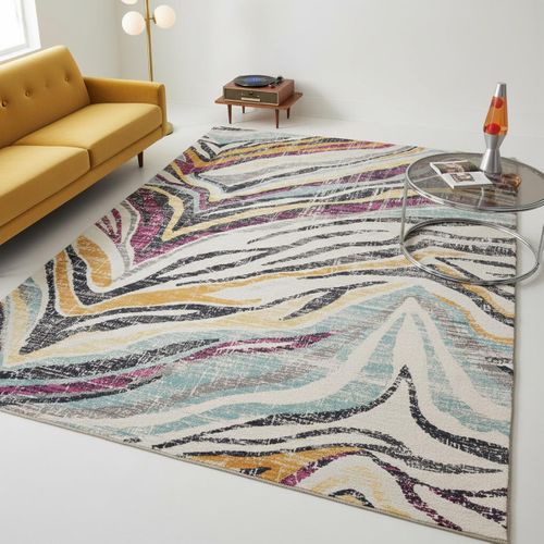 Tapis D'orient 120x170 Motif Géométrique Poils Ras Écru Bleu Lyn3 Lo Entretien Facile.