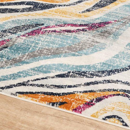 Tapis D'orient 120x170 Motif Géométrique Poils Ras Écru Bleu Lyn3 Lo Entretien Facile.