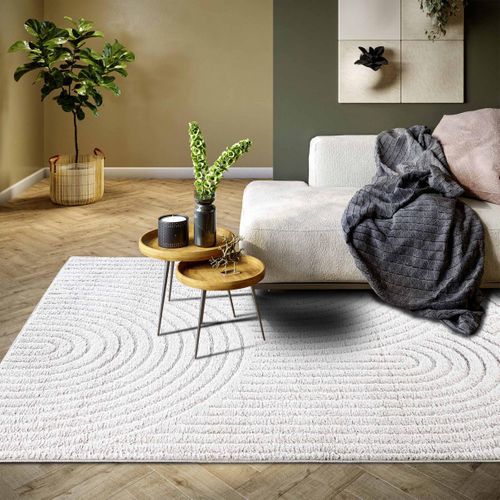 Tapis Salon 80 X 120 Cm, Motif Rond, Blanc, Gris, Relief Sculpté, Panglao, Tissage Robuste