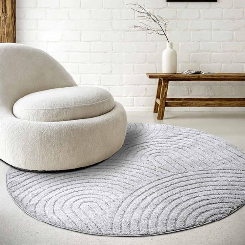 Tapis Rond 160 X 160-cm, Gris, Blanc, Forme Ronde, Motif Géométrique, Ambiance Chaleureuse