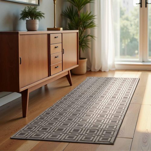Tapis Couloir 80 X 240 Cm, Gris Et Blanc, Motif Géométrique, Texture Poils Ras Confortable, Howlite