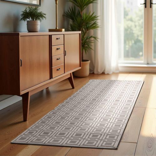 Tapis Couloir 80 X 240 Cm, Beige, Gris, Motif Géométrique Relief Raffiné, Design Épuré
