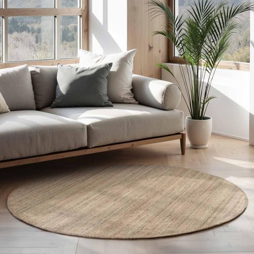 Tapis Rond 200 X 200-cm, Forme Ronde, Jute Authentique, Motif Uni, Structure Relief