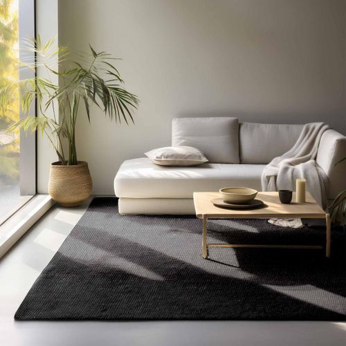 Tapis Salon 160 X 230 Cm Noir, Jute Noble Tissé à La Main, Motif Uni, Look Authentique