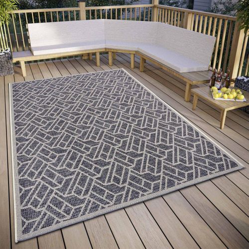 Tapis Exterieur 63 X 120 Cm Gris, Beige, Motif Géométrique Kilim, Structure Plate, Erus