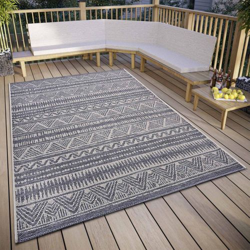 Tapis Exterieur 76 X 150 Cm Beige Gris Ethnique Kilim, Loto, Idéal Terrasse, Entretien Facile