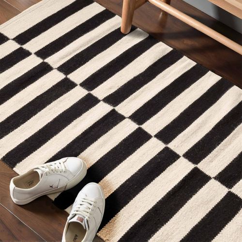 Tapis Kilim 80 X 150 Cm, Blanc, Noir, Laine Noble Tissée à La Main, Donna, Motif Géométrique