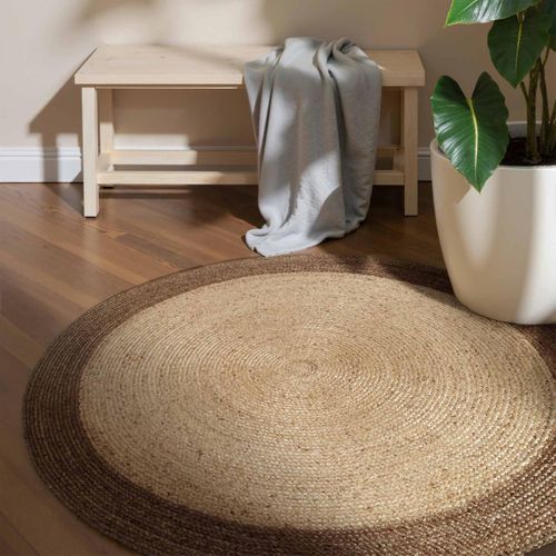 Tapis Rond 100 X 100-cm, Beige, Marron, Forme Ronde Chaleureuse, Jute Tissé à La Main, Jute K
