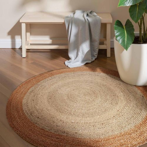 Tapis Rond 160 X 160-cm, Beige, Marron, Forme Ronde Chaleureuse, Jute Noble Tissé Main