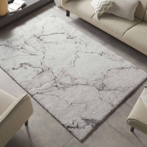 Tapis Shaggy 80 X 150 Cm, Blanc Et Gris, Motif Abstrait, Texture Moelleuse, Mayrin Chaleureux