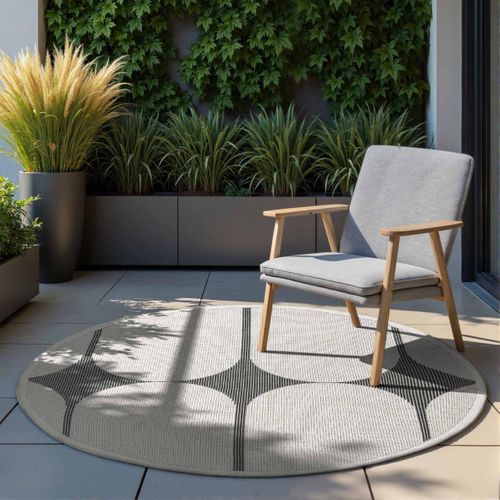 Tapis Exterieur 160 X 160-cm, Blanc, Noir, Forme Ronde Élégante, Géométrique Kilim, Sventi