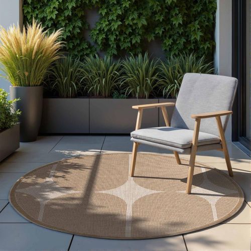 Tapis Exterieur 160 X 160-cm, Beige, Marron, Forme Rond, Kilim Géométrique, Idéal Terrasse