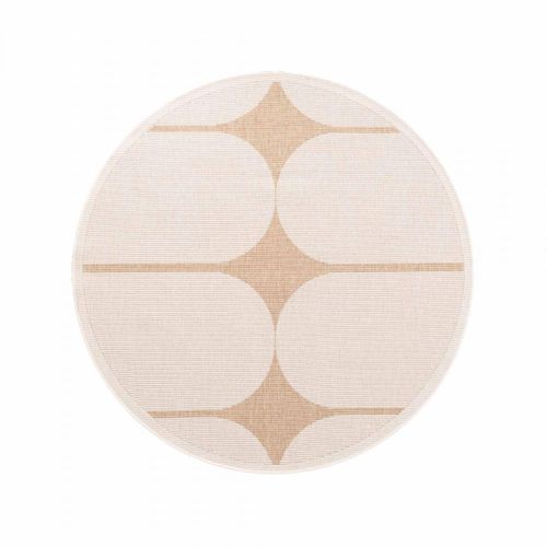 Tapis Exterieur 160 X 160-cm, Beige, Marron, Forme Rond, Kilim Géométrique, Idéal Terrasse