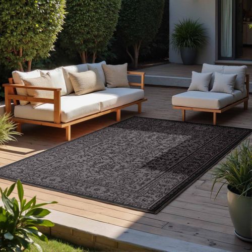Tapis Exterieur 200 X 290 Cm, Motif Oriental, Gris Et Noir, Kilim Authentique, Norient