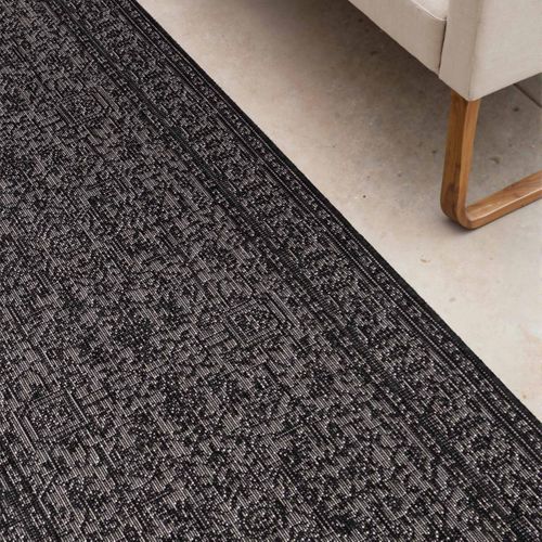 Tapis Exterieur 200 X 290 Cm, Motif Oriental, Gris Et Noir, Kilim Authentique, Norient