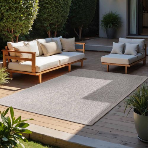 Tapis Exterieur 120 X 170 Cm Blanc, Gris, Motif Oriental Kilim, Norient, Tissé Résistant