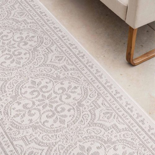Tapis Exterieur 160 X 230 Cm, Blanc Et Gris, Kilim Oriental, Bolda, Idée Déco Terrasse