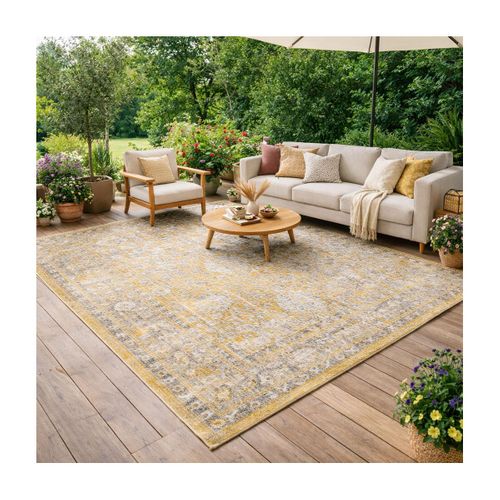 Tapis Exterieur 200 X 280 Cm, Kilim Oriental, Beige Jaune Gris, Luxora, Design Pour Terrasse