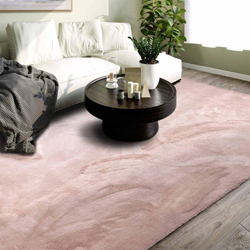 Tapis Salon 200 X 290 Cm, Rose, Beige Faux Uni Poils Ras, Leon, Hydrofuge Et Confortable