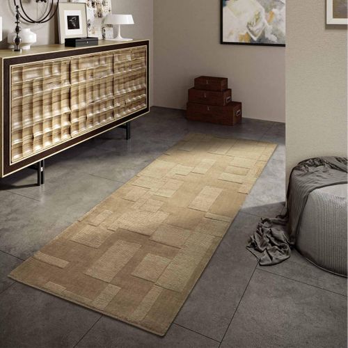 Tapis Chambre 80 X 150 Cm, Beige, Marron, Laine Tissée à La Main, Motif Géométrique Raffiné