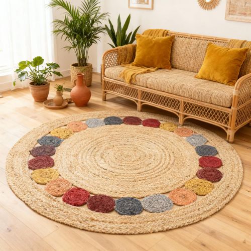 Tapis Rond Ø100cm Fait à La Main En Jute Motif Géométrique Pour Entrée Ronda